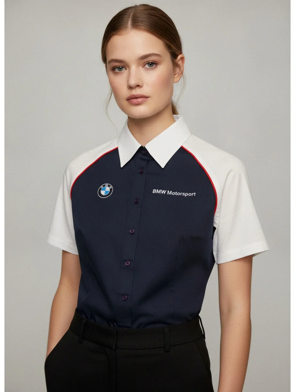 NWT BMW Motorsport Button-Down Shirt Navy White Piping Women's XS